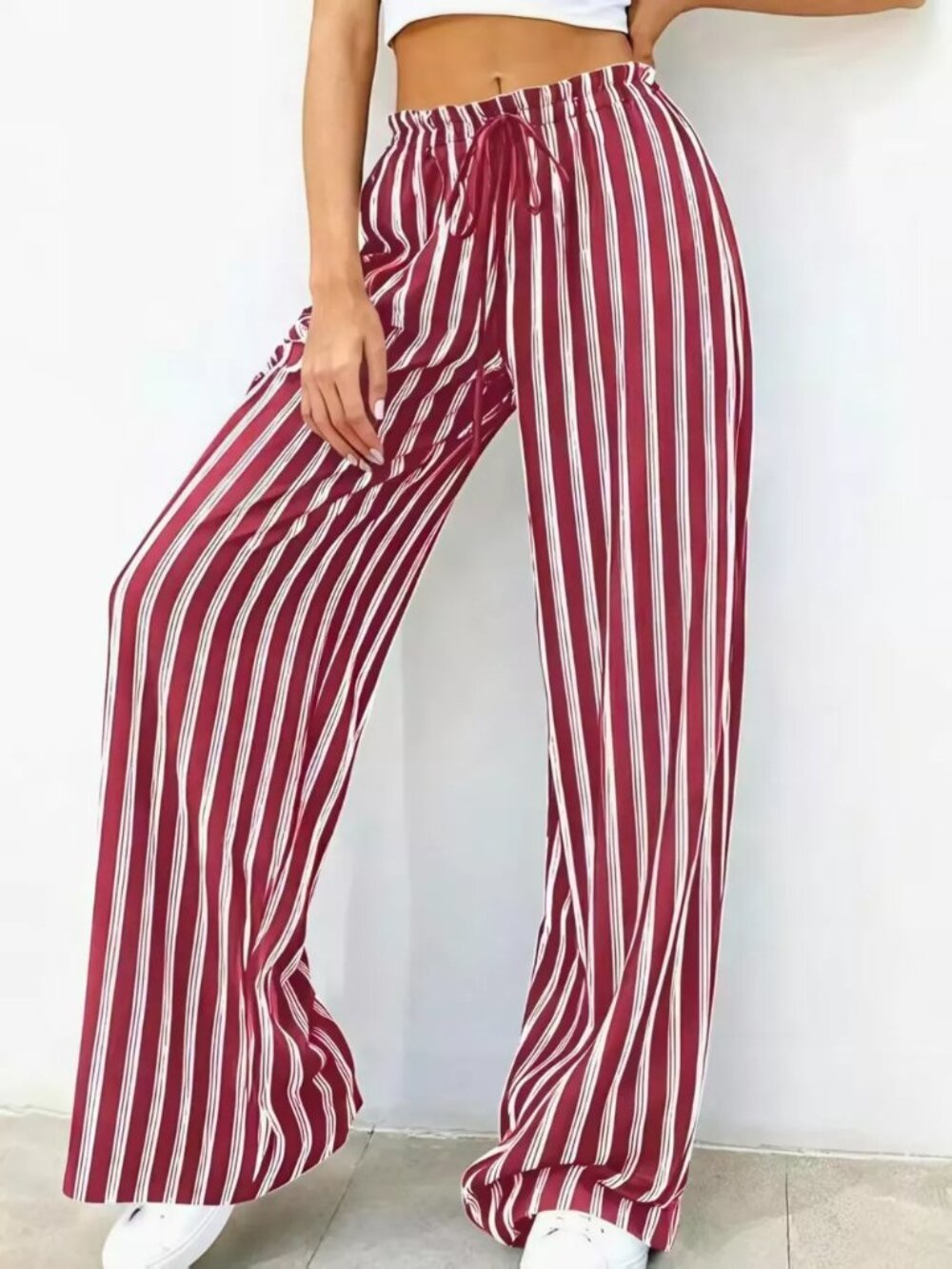 Striped Wide-Leg Drawstring Pants - Picture 8 of 9